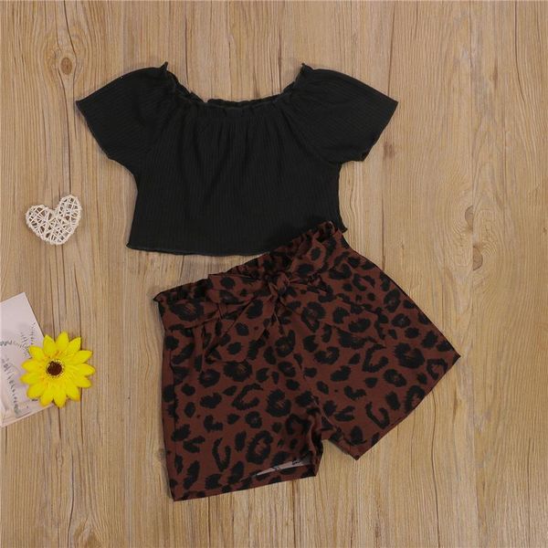 

clothing sets 2 pcs baby girl casual outfits, off shoulder solid color short sleeve boat neck t-shirt + belted leopard shorts, White