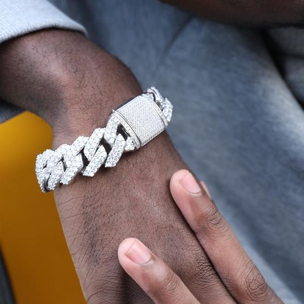 

link, chain hip hop 19mm 2 row heavy prong clasp box buckle link cubic zirconia cuban bracelet men white gold plated jewelry, Black