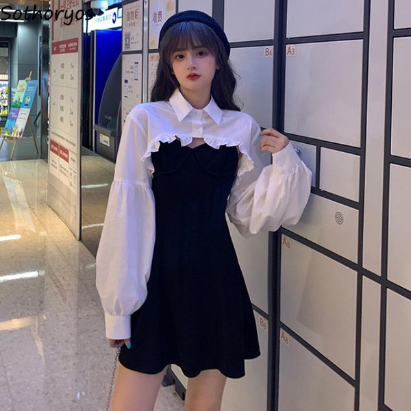 

casual dresses women sets spring fashion simple long lantern sleeve turn-down collar female shirt v-neck retro solid mini dress harajuk, Black;gray