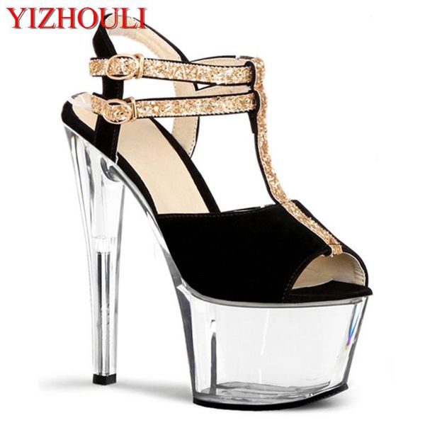 

professional build red glitter shoe buckles sandals 17 cm high heels big party shoes, Black