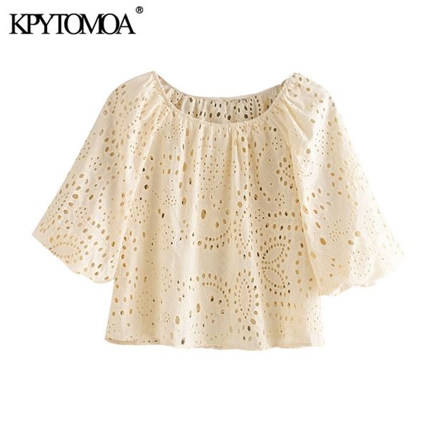 

women fashion cutwork embroidery cropped blouses vintage o neck short sleeve female shirts blusas chic 210420, White