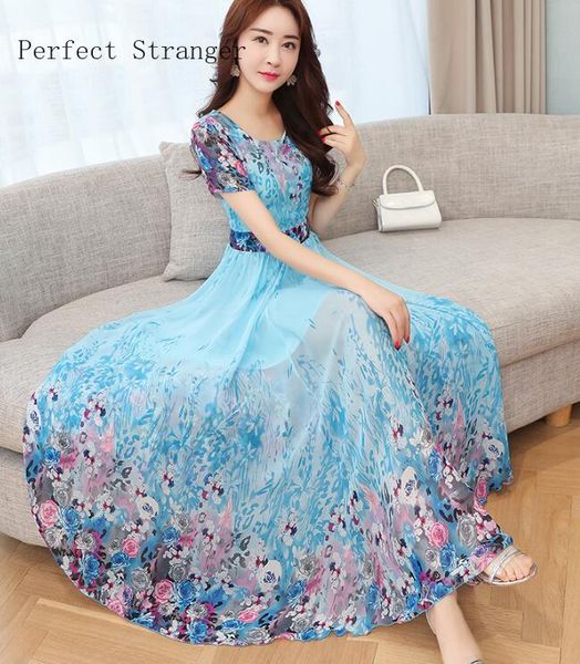 

2021 summer new arrival round collar short sleeve flower printed chiffon woman long dress plus size s-3xl, Black;gray