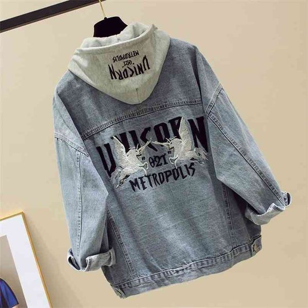

autumn embroidered denim jacket women's hooded loose korean version of the bf mid-length all-match clothes gown trend 210914, Black;brown