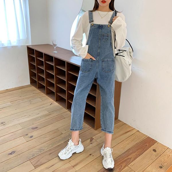 

women's jeans 2021 autumn casual loose multi pockets high waisted ankle-length pants overalls for women 5xl plus size, Blue