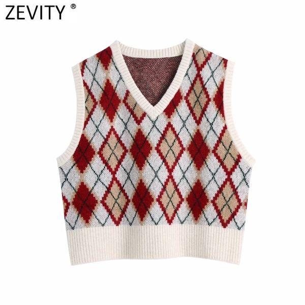 

zevity women vintage rhombic pattern knitting sweater female sleeveless casual slim vest chic brand pullovers s607 210419, White;black