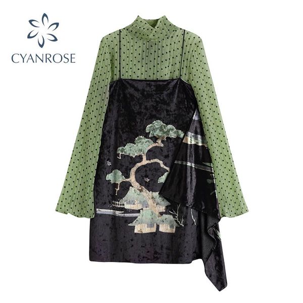 

work dresses 2021 autumn style bohemian women suit lace ploka dot long sleeve t-shirt and black print velvet suspender dress lady, White;black