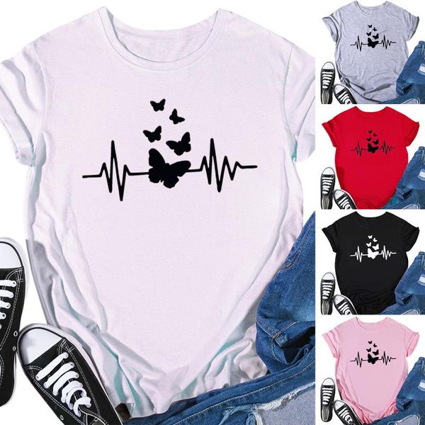

women's t-shirt printing t-shirts women casual o-neck heartbeat print short sleeve streetwear fashion tee vogue clothes femme, White
