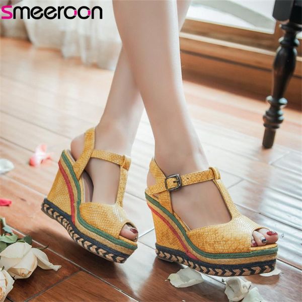 

smeeroon 2021 big size 43 women sandals buckle summer shoes peep toe wedge platform fashion party wedding woman, Black