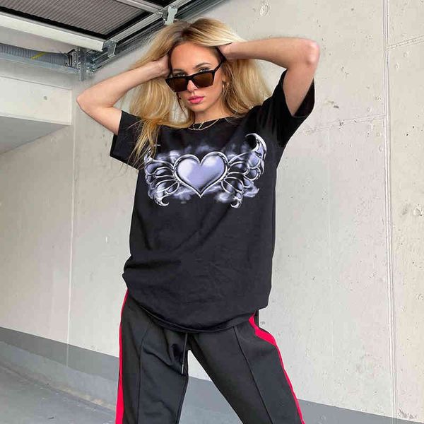 

kawaii heart print oversized t-shirt female fashion women summer loose o-neck short sleeve harajuku y2k black tee shirt 210415, White