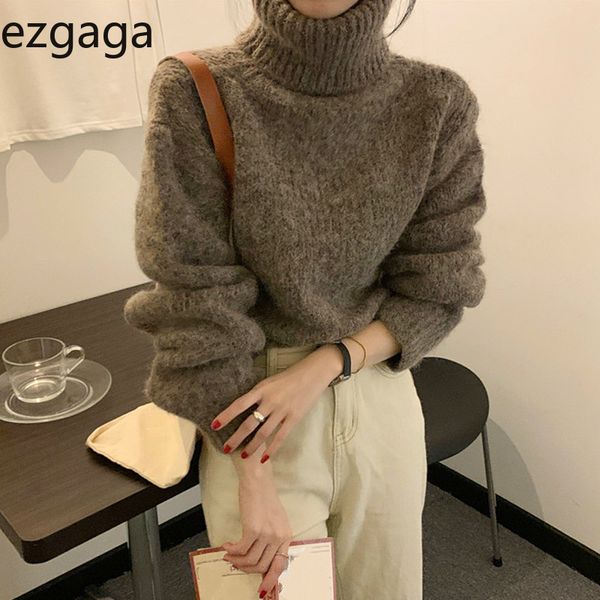 

ezgaga turtleneck sweater pullover women thick casual autumn winter new solid ladies crop elegant warm fashion jumper 210430, White;black
