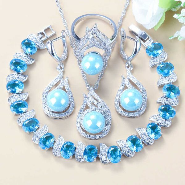 Braut Hochzeit Schmuck Sets Sky Blue Zirkon Natürliche Süßwasser Perlen Baumeln/Ohrringe/Armband/Ring Frauen Kostüm H1022