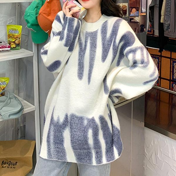 

women's sweaters print knitted sweater women elegant green striped oversized pullovers winter loose long streetwear sueter mujer, White;black