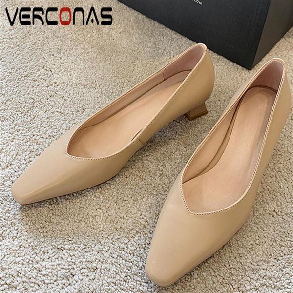 

dress shoes verconas 2021 fashion working woman pumps summer genuine leather shallow square toe heeled, Black