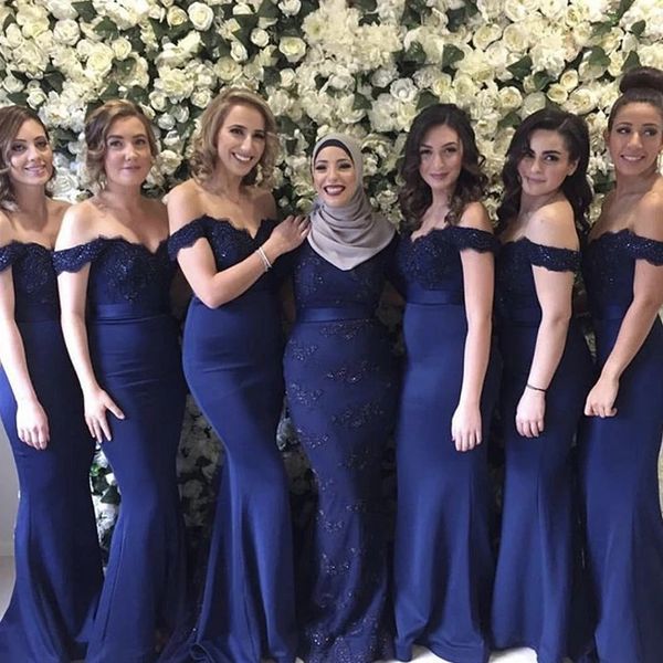 

elegant dark navy blue mermaid long bridesmaid dresses off the shoulder appliqued wedding guest evening dress 2022, White;pink
