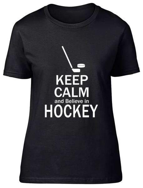 

Keep Calm and Believe in Hockey Fitted Womens Ladies T Shirt, White;black