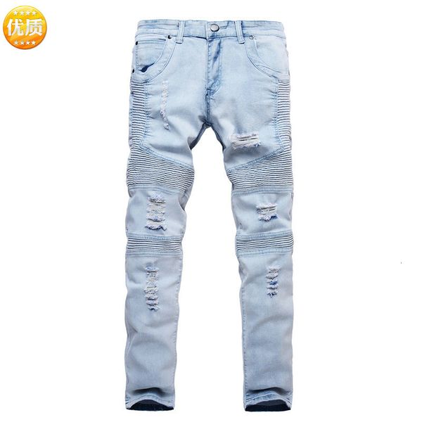 

jean fashion jeans pleated men's elastic slim fit, Blue