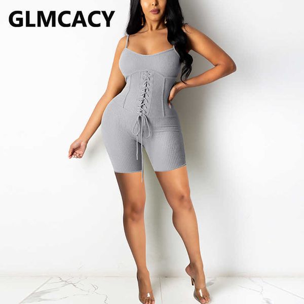 

women summer spaghetti strap skinny rompers casual lace up corset playsuit 210702, Black;white