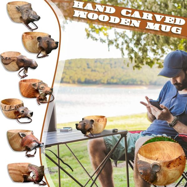 

mugs hand carved wooden mug 3d stereo animals head image cup for travelers outdoor camping creative animal drinkware #4