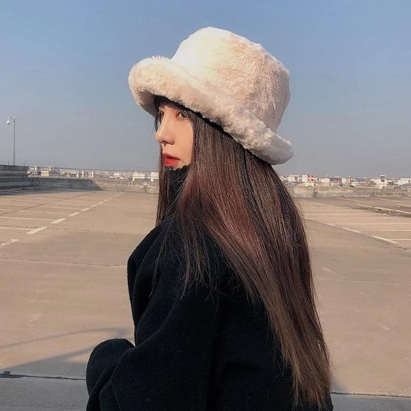 

wide brim hats winter women's thickened imitation fur flat japanese fisherman hat basin all-match solid color warmth i, Blue;gray