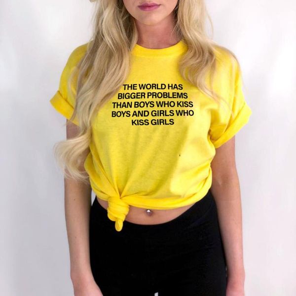 

women's t-shirt the world has bigger problems women summer funny quotes tumblr grunge tshirts feminist 90s girls graphic outfits, White