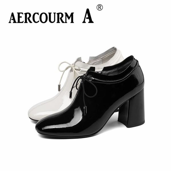 

dress shoes aercourm a women t-tied bright skin ladies patent leather high square heel pumps spring solid color gladiator, Black