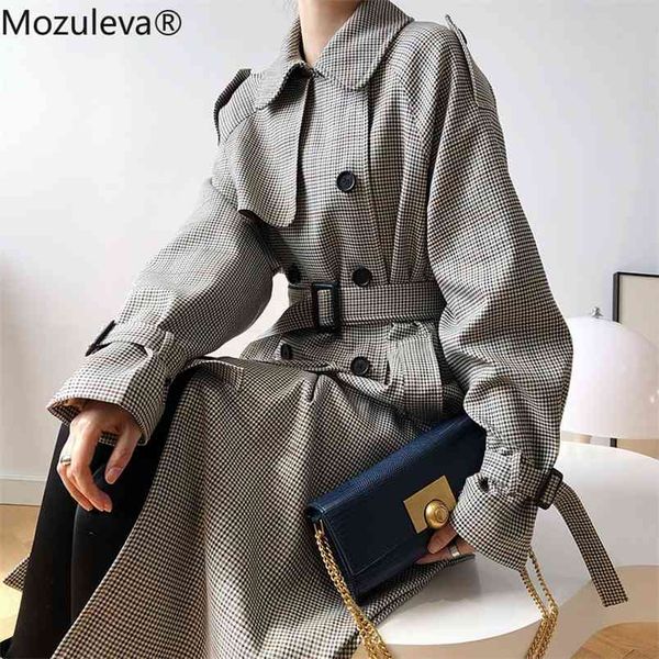 

mozuleva autumn houndstooth long trench coat women double breasted slim waist with belt female outwear windbreaker 210914, Tan;black