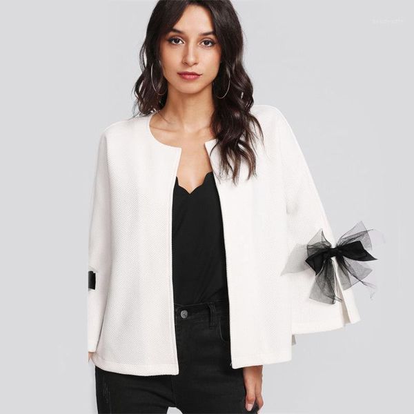 

women's suits & blazers 208 spring and autumn suit jacket ladies bow open trumpet sleeves texture coat white eight-sleeve elegant, White;black