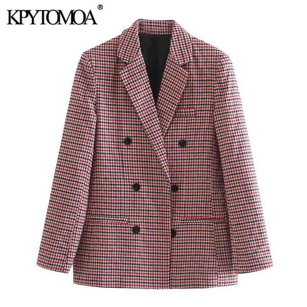 

women fashion office wear double breasted plaid blazer coat vintage long sleeve pockets female outerwear chic 210421, White;black