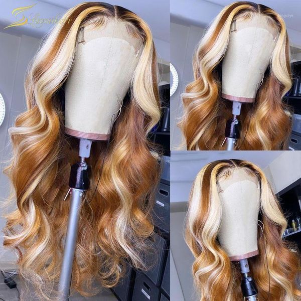 

honey blonde hd transparent highlight lace frontal wig ombre 13x6 body wave human hair for black women brown full front lace1, Black;brown