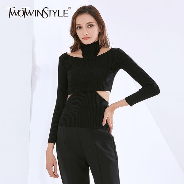 

black sweater for women slash neck halter hollow out long sleeve oversized knitting pullovers female clothing 210524, White;black