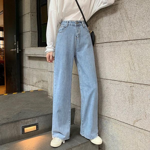 

woman jeans blue streetwear vintage quality harajuku straight pants high waist clothes wide leg denim clothing women's