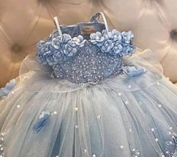 Açık gökyüzü mavi inciler kızlar yarışması elbiseler aplike boncuklu çiçek kız elbise düğünler için çocuklar uzun prenses doğum günü top g183w