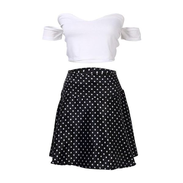 

fashion vintage set bodycon womens tracksuits off shoulder crop polka dot print skirt party short mini skirts, Gray