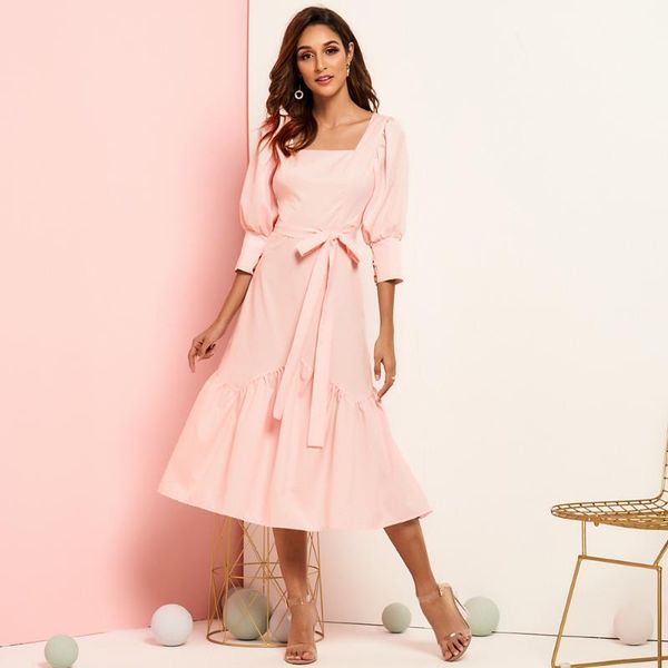 

casual dresses nice summer midi dress women pink sashes fishtail ruffled hem square collar lantern 3/4 sleeve sweet holiday princess robes, Black;gray