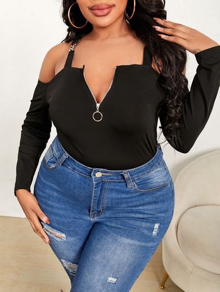 

sxy plus o-ring half zip cold shoulder chain detail tee a3gp#, Black