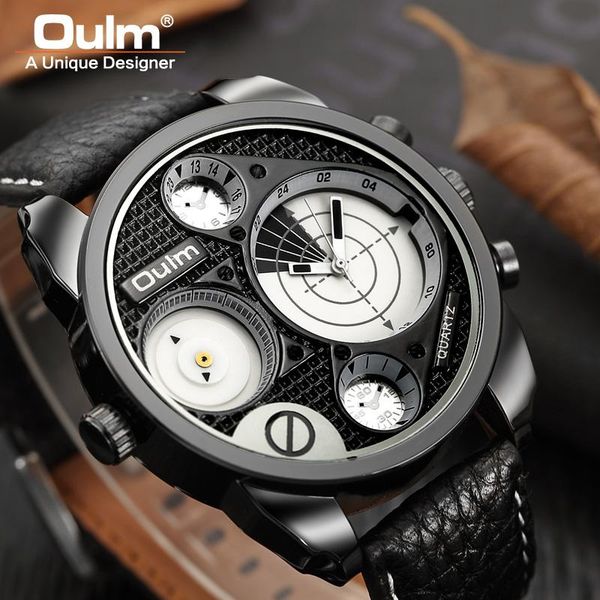 

wristwatches 2021 oulm men leather strap quartz 2 time zone big dial sports watches montre homme mannen horloge herrenuhr, Slivery;brown