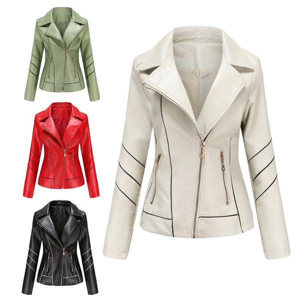 

women's leather & faux 2021 autumn spring womens moto biker turndown collar oblique zipper jackets ladies coats locomotive motorcycle c, Black
