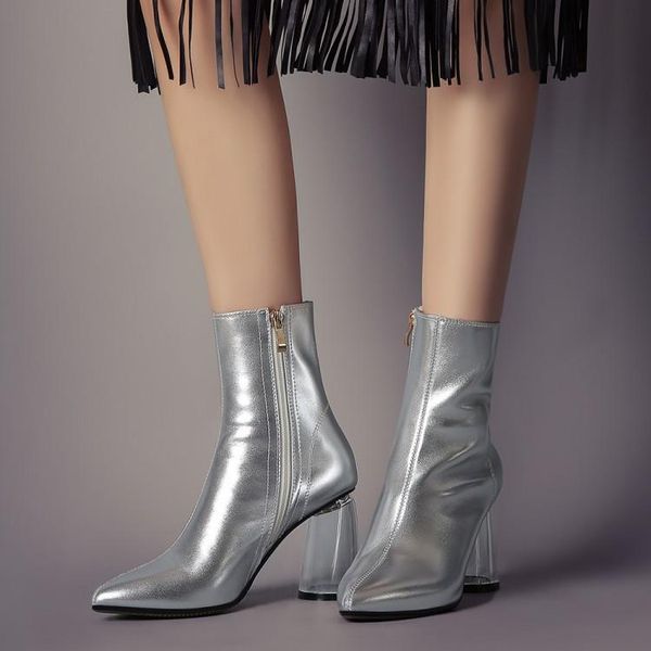 

boots pxelena luxury round crystal high heel ankle women genuine leather fashion zip party dress office lady autumn shoes silver, Black