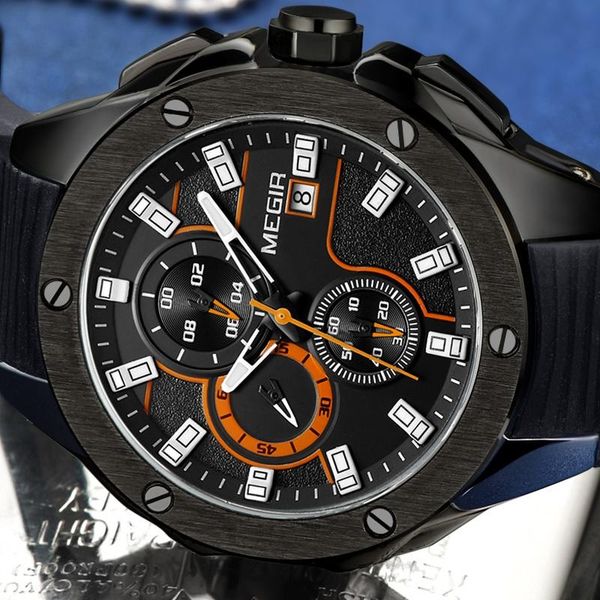 

men sport watch chronograph silicone strap quartz army military watches clock male relogio masculino wristwatches, Slivery;brown