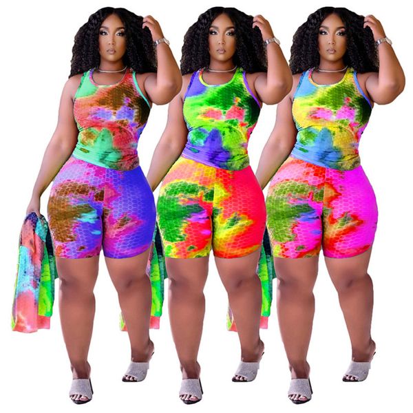 

summer clothing women tie-dye vest shorts fashion tracksuits 2 piece sets 2xl pullover shirts capris sleeveless crew neck jogger suit 4810, Gray