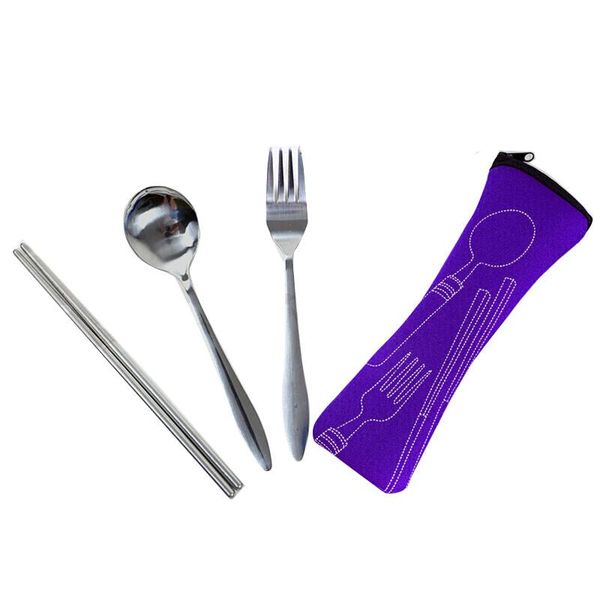

portable travel 3 pcs 1 set stainless steel cutlery bag fork kit outdoor silverware kitchen dining dinnerware sets