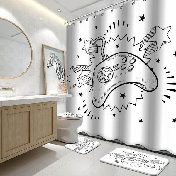 

shower curtains curtain, seventies inspired retro composition doodle video game controller, cloth fabric bathroom decor set