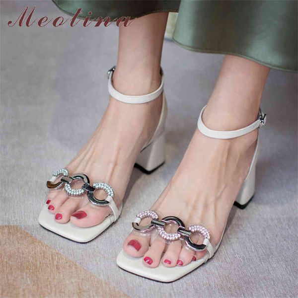 

meotina genuine leather women sandals metal decoration ladies footwear square toe buckle high heel sandals summer apricot 210520, Black