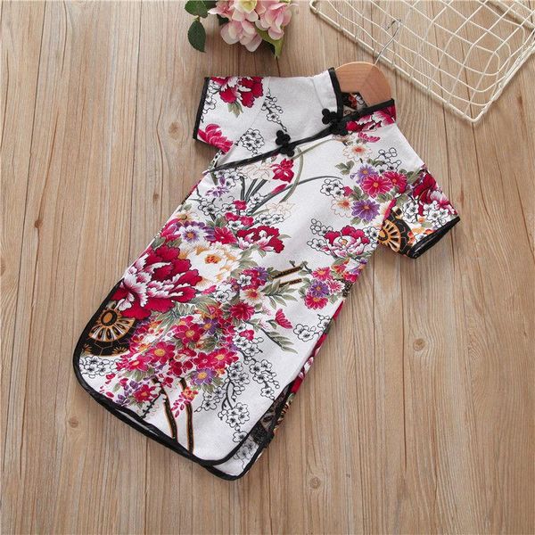 

chinese style girls dress summer cotton baby flower dresses short sleeve straight cute princess children clothes girl's, Red;yellow