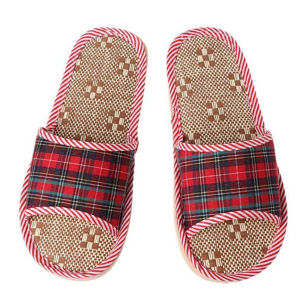 

linen flax plaid house flat slipper indoor home cozy open toe scuffs slippers, Black