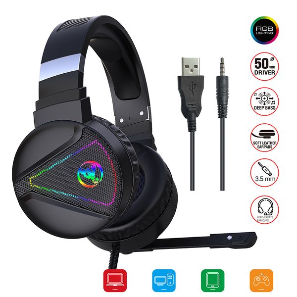 Cuffie cablate Giochi PC Cuffie da 3,5 mm RGB Suono surround luminoso HD Microfono USB 7.1 canali Gaming Laptop Tablet Gamer F16