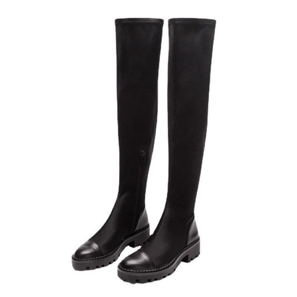 

boots 2021 thick-soled over-the-knee leather high women's sliding elastic winter warm socks women botas de mujer, Black