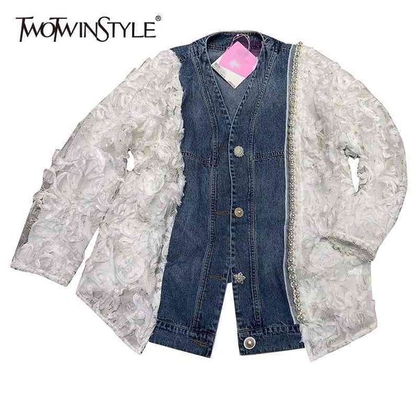 

appliques patchwork beading jacket for women v neck long sleeve denim hit color jackets female fashion clothing 210524, Black;brown