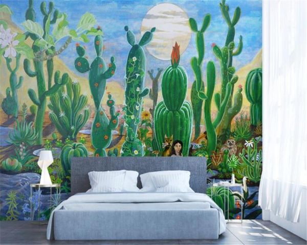

wallpapers custom self adhesive wallpaper nordic hand drawn painting tropical plants cactus living room bedroom sofa tv backdrop 3d murals