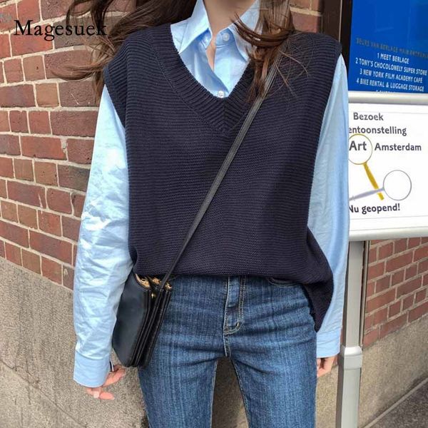 

spring autumn loose sweater v-neck joker knitted womens vests winter outerwear plus size 10974, White;black